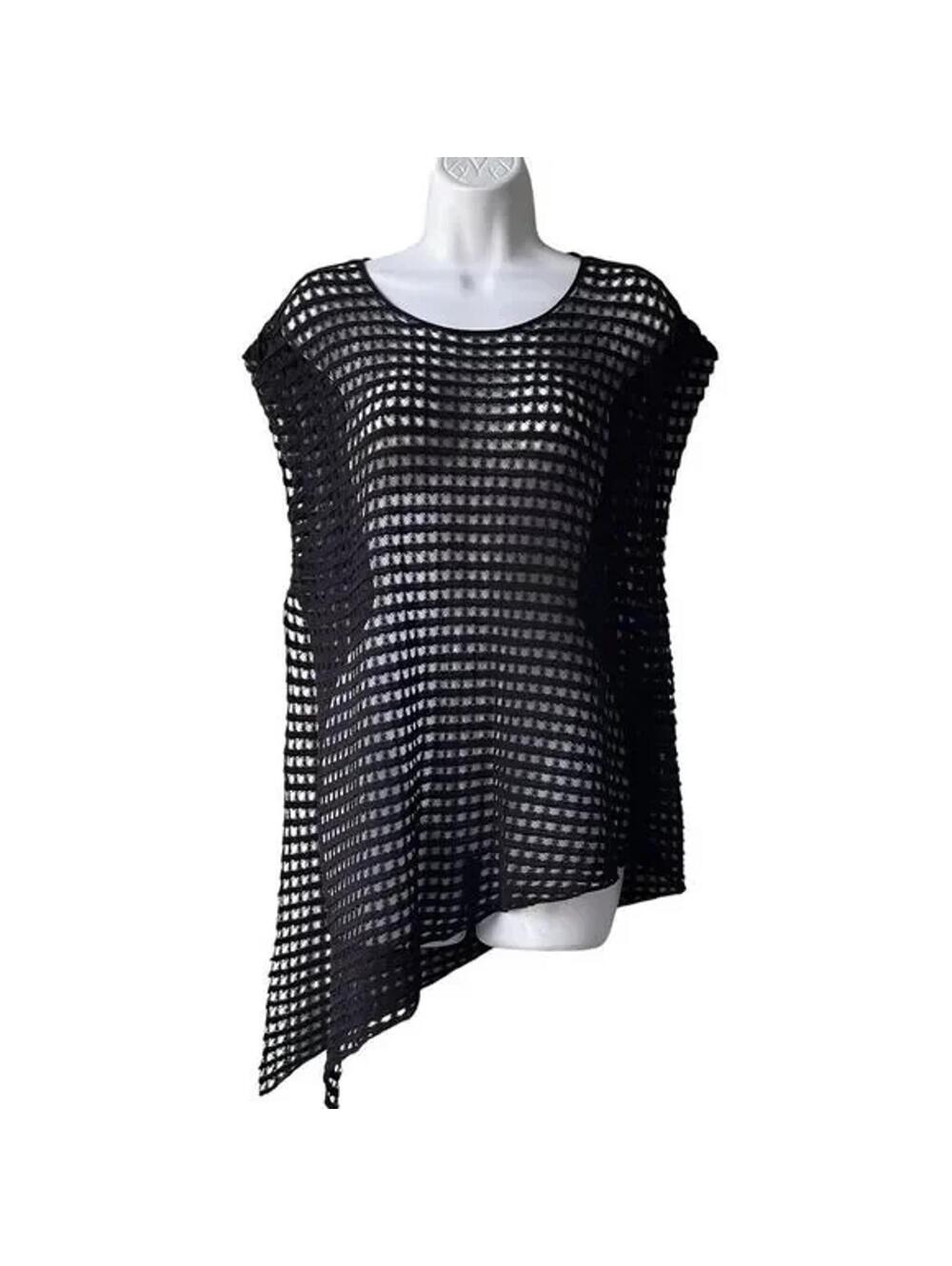 Eileen Fisher Sleeveless Cover Up Top Medium Black Lattice Knit Asymmetrical Hem